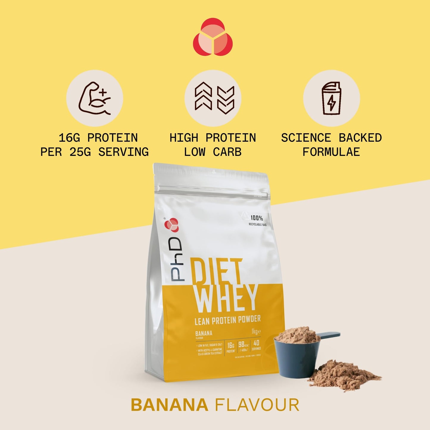 PhD Nutrition Diet Whey High Protein Lean Matrix, Banana Diet Whey Protein Powder, 16g of Protein, 40 Servings Per 2 kg Bag