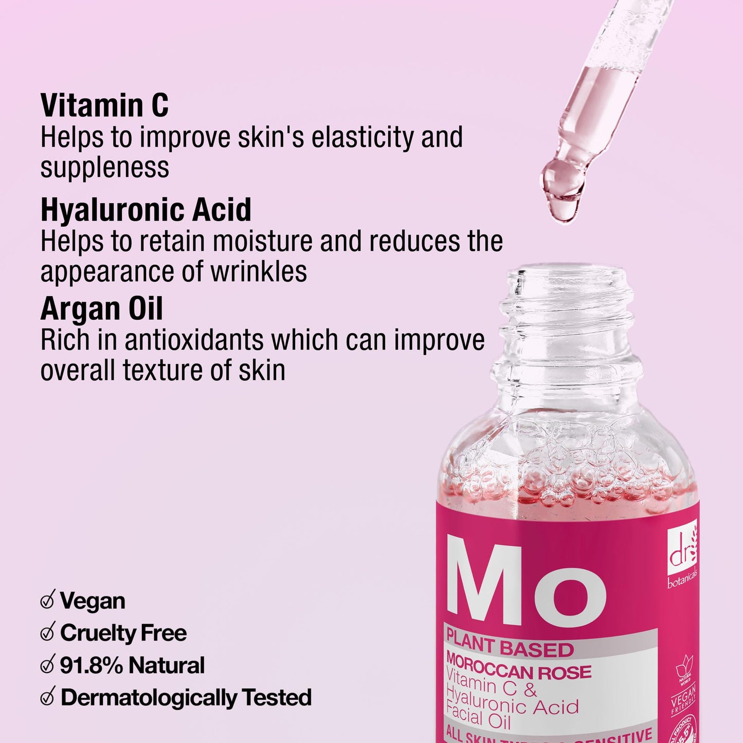 DR BOTANICALS Moroccan Rose Facial Oil with Vitamin C and Hyaluronic Acid - Skin Brightening, Anti-Aging, Anti-Wrinkle & Hydrating Treatment for All Skin Types (30ml)